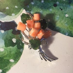 vintage carved coral and jade rose bouquet brooch